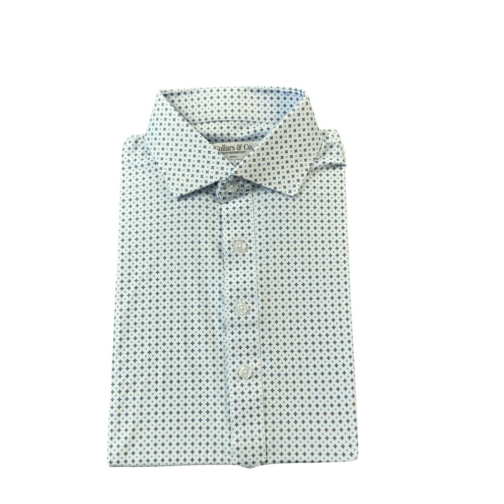 Collars & Co. White Blue Navy Geometric Dress Collar Polo Shirt Size Small NWOT
